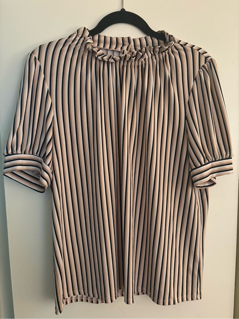 Adrianna Papell Black and Cream Striped Ruffle Top